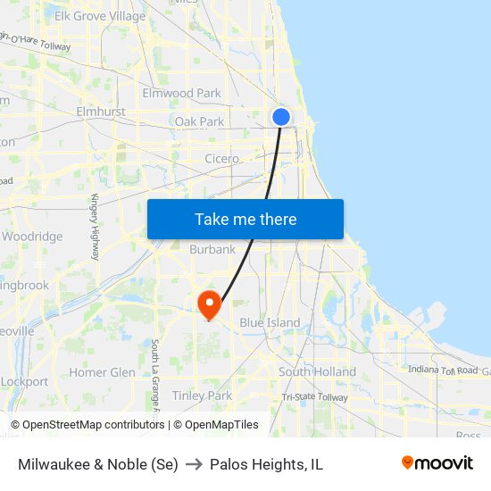 Milwaukee & Noble (Se) to Palos Heights, IL map