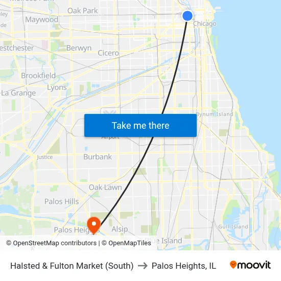 Halsted & Fulton Market (South) to Palos Heights, IL map