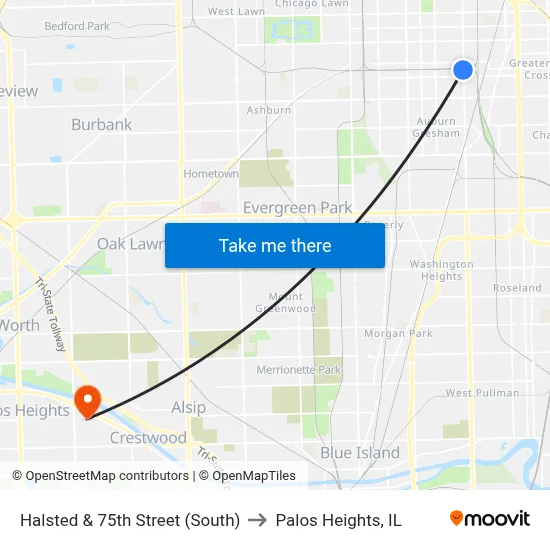 Halsted & 75th Street (South) to Palos Heights, IL map