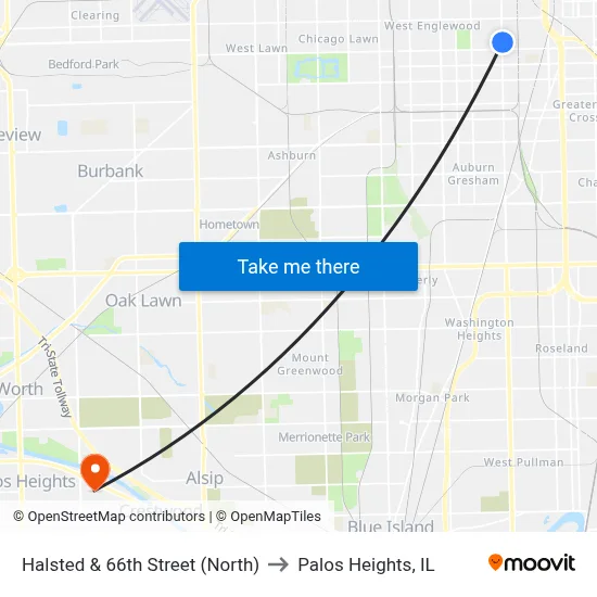 Halsted & 66th Street (North) to Palos Heights, IL map