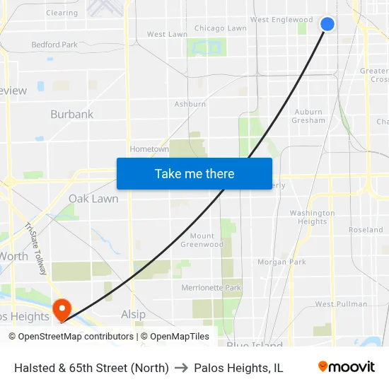 Halsted & 65th Street (North) to Palos Heights, IL map