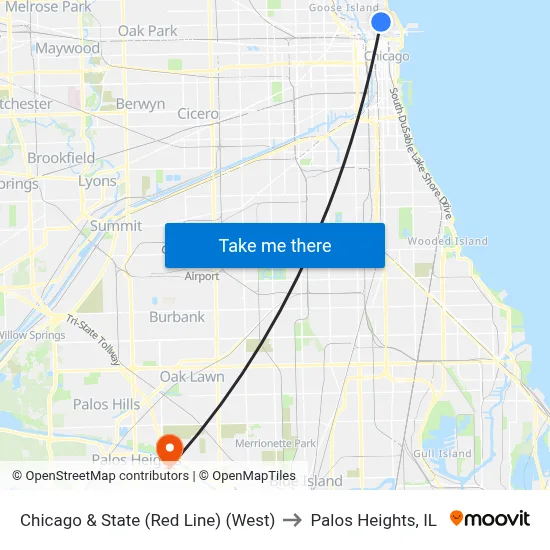 Chicago & State (Red Line) (West) to Palos Heights, IL map