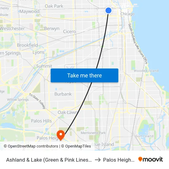 Ashland & Lake (Green & Pink Lines) (South) to Palos Heights, IL map