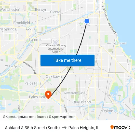Ashland & 35th Street (South) to Palos Heights, IL map