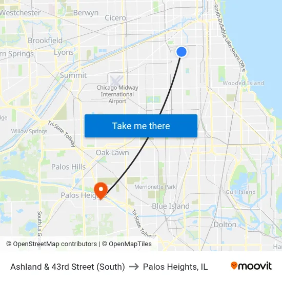 Ashland & 43rd Street (South) to Palos Heights, IL map