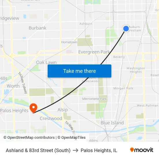Ashland & 83rd Street (South) to Palos Heights, IL map