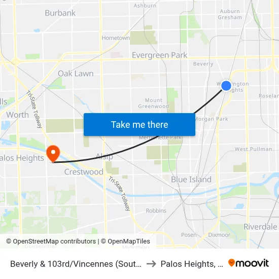 Beverly & 103rd/Vincennes (South) to Palos Heights, IL map