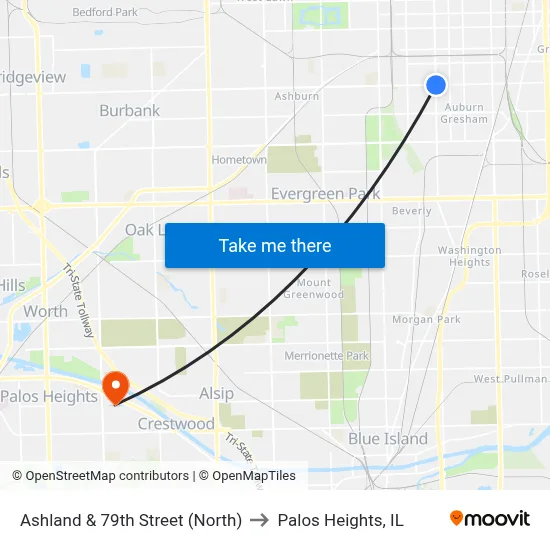 Ashland & 79th Street (North) to Palos Heights, IL map