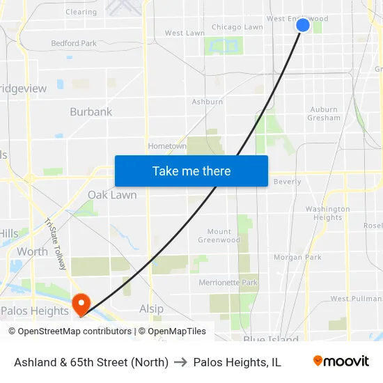 Ashland & 65th Street (North) to Palos Heights, IL map