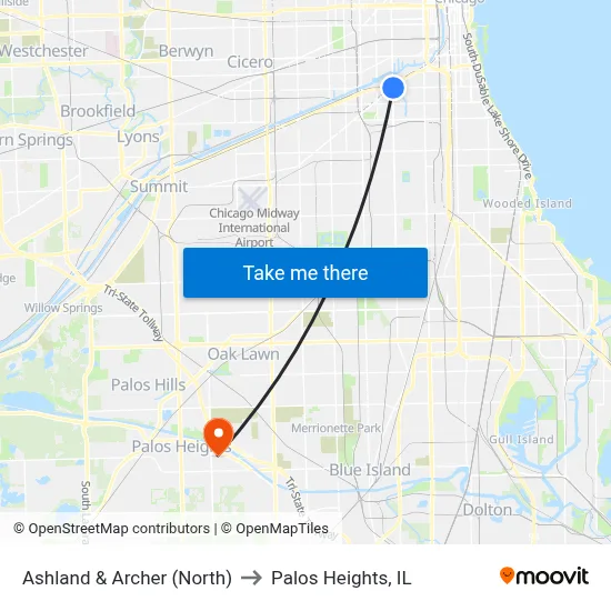 Ashland & Archer (North) to Palos Heights, IL map