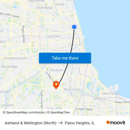 Ashland & Wellington (North) to Palos Heights, IL map