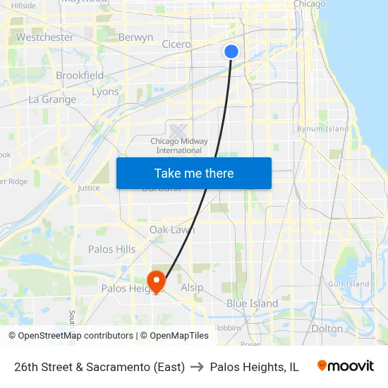 26th Street & Sacramento (East) to Palos Heights, IL map