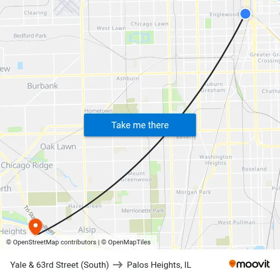 Yale & 63rd Street (South) to Palos Heights, IL map