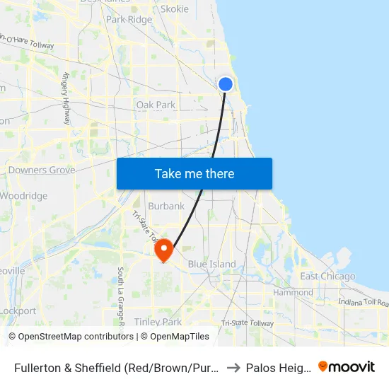 Fullerton & Sheffield (Red/Brown/Purple Line) (East) to Palos Heights, IL map