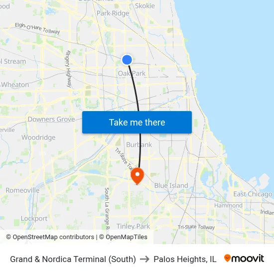 Grand & Nordica Terminal (South) to Palos Heights, IL map