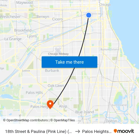 18th Street & Paulina (Pink Line) (East) to Palos Heights, IL map