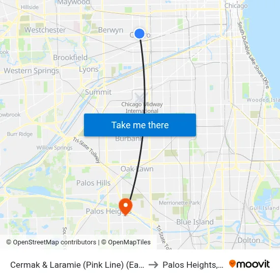 Cermak & Laramie (Pink Line) (East) to Palos Heights, IL map