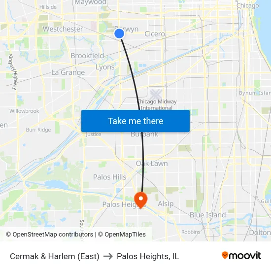 Cermak & Harlem (East) to Palos Heights, IL map