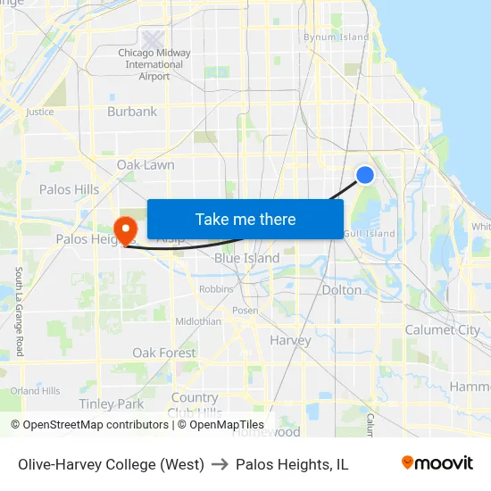 Olive-Harvey College (West) to Palos Heights, IL map