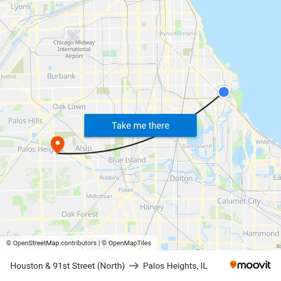 Houston & 91st Street (North) to Palos Heights, IL map