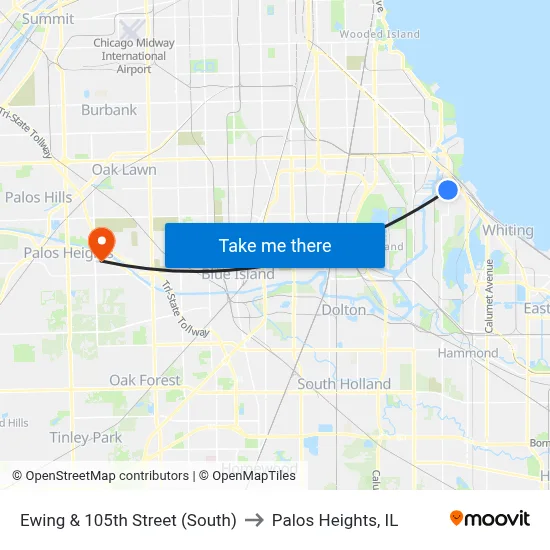 Ewing & 105th Street (South) to Palos Heights, IL map