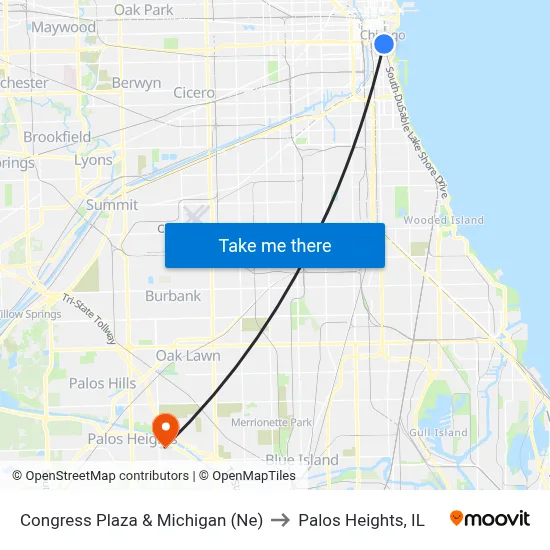 Congress Plaza & Michigan (Ne) to Palos Heights, IL map