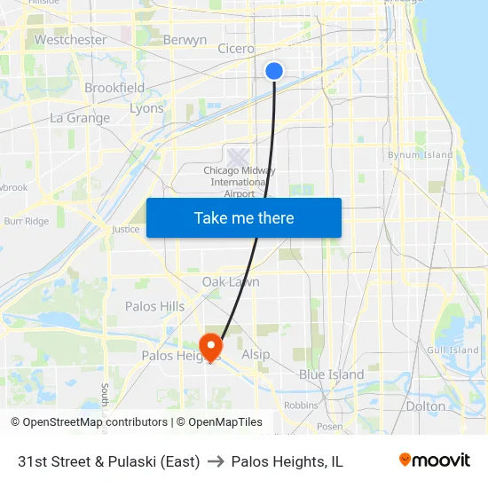 31st Street & Pulaski (East) to Palos Heights, IL map