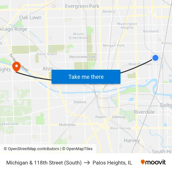 Michigan & 118th Street (South) to Palos Heights, IL map