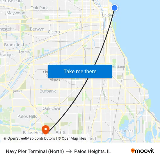 Navy Pier Terminal (North) to Palos Heights, IL map