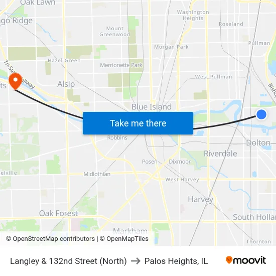 Langley & 132nd Street (North) to Palos Heights, IL map