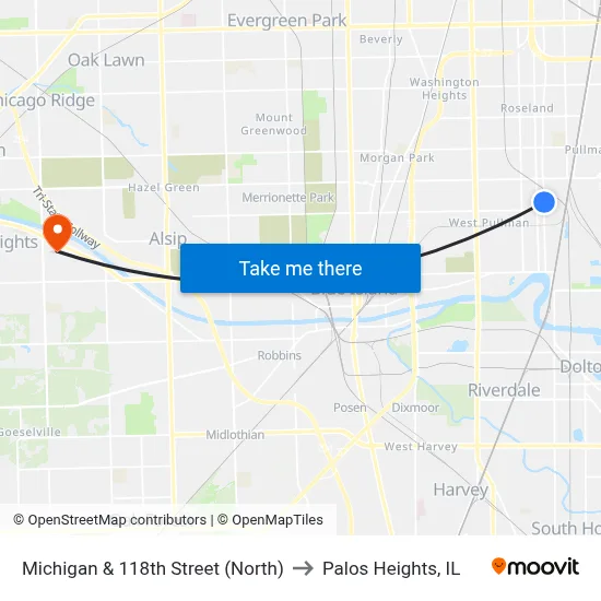 Michigan & 118th Street (North) to Palos Heights, IL map