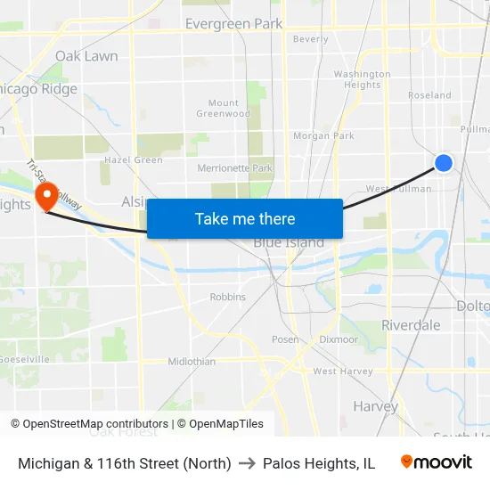 Michigan & 116th Street (North) to Palos Heights, IL map
