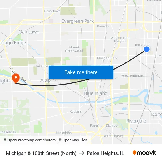 Michigan & 108th Street (North) to Palos Heights, IL map