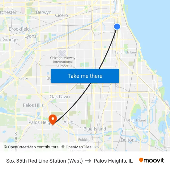 Sox-35th Red Line Station (West) to Palos Heights, IL map