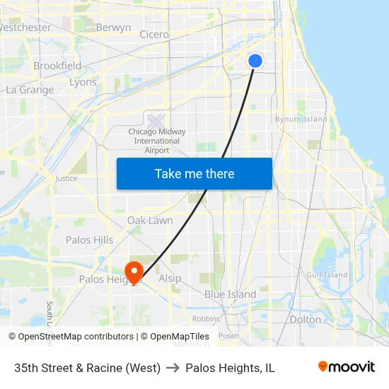 35th Street & Racine (West) to Palos Heights, IL map