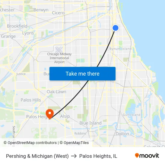 Pershing & Michigan (West) to Palos Heights, IL map