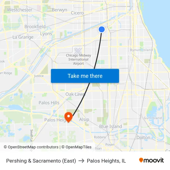 Pershing & Sacramento (East) to Palos Heights, IL map