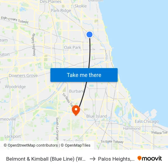 Belmont & Kimball (Blue Line) (West) to Palos Heights, IL map