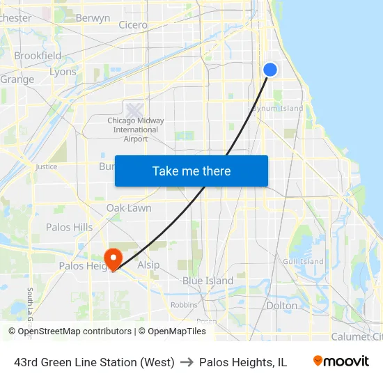43rd Green Line Station (West) to Palos Heights, IL map