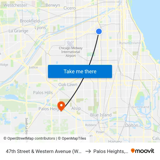 47th Street & Western Avenue (West) to Palos Heights, IL map