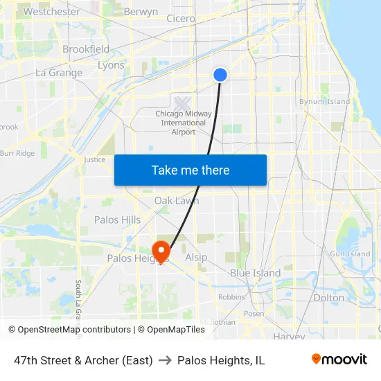 47th Street & Archer (East) to Palos Heights, IL map