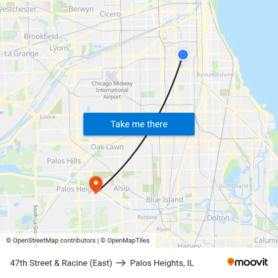 47th Street & Racine (East) to Palos Heights, IL map