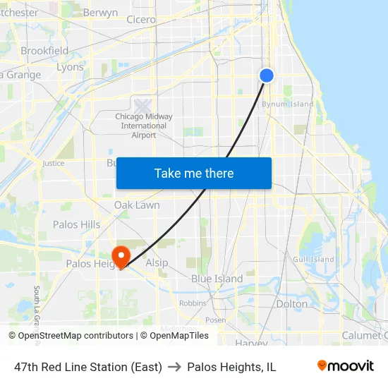 47th Red Line Station (East) to Palos Heights, IL map