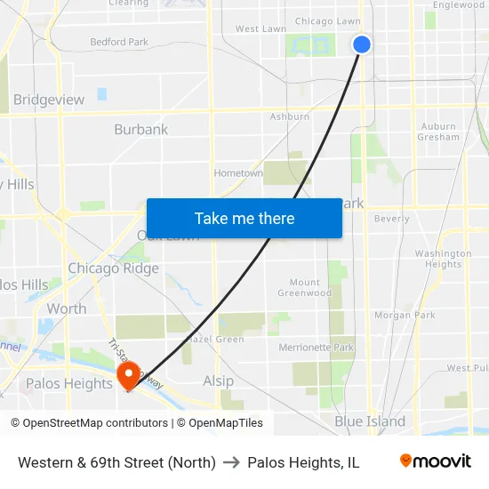 Western & 69th Street (North) to Palos Heights, IL map