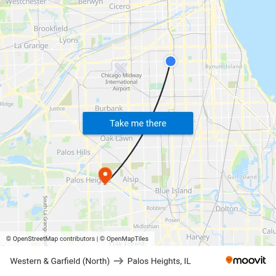 Western & Garfield (North) to Palos Heights, IL map
