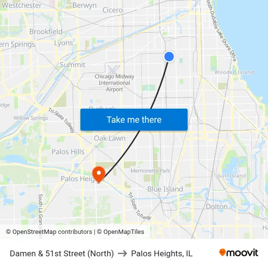 Damen & 51st Street (North) to Palos Heights, IL map