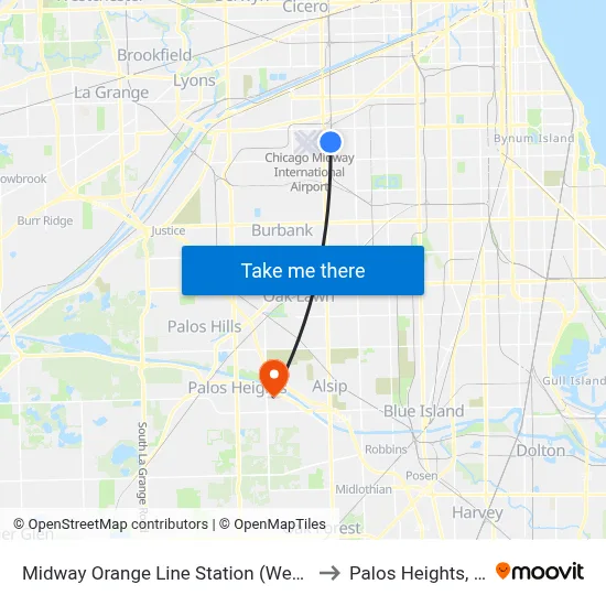 Midway Orange Line Station (West) to Palos Heights, IL map