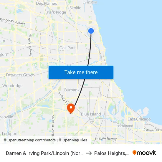 Damen & Irving Park/Lincoln (North) to Palos Heights, IL map