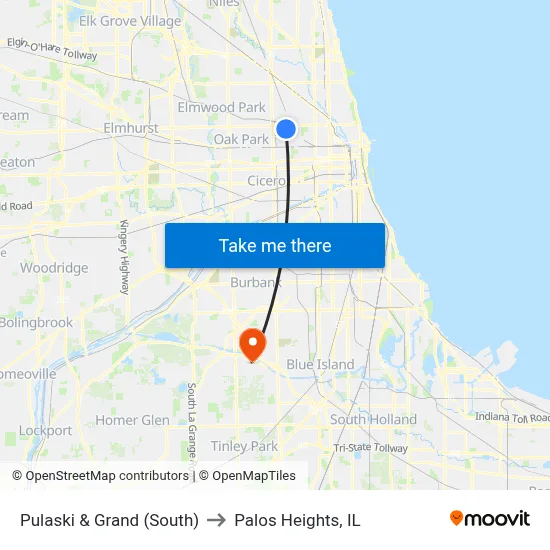 Pulaski & Grand (South) to Palos Heights, IL map