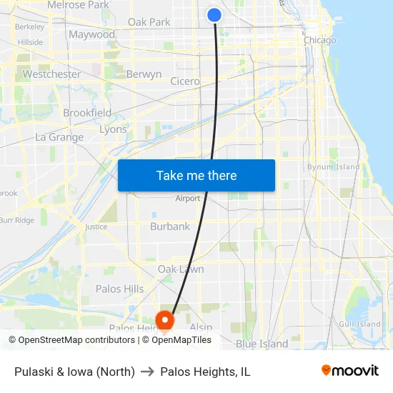 Pulaski & Iowa (North) to Palos Heights, IL map